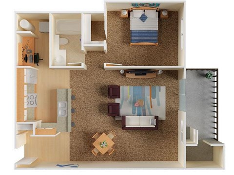 Whimsical Pig Apartments Spokane Valley, Washington 1 Bedroom 1 Bath 3D Floor PlanBedroom_1 Bathroom